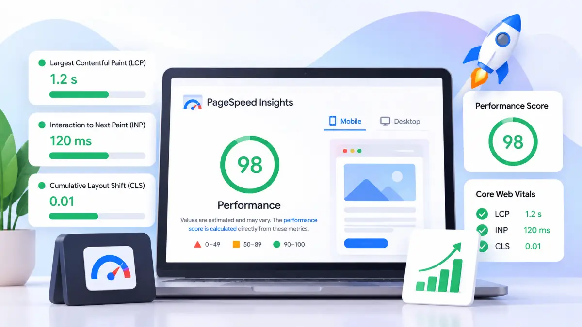 Website performance illustration showing PageSpeed Insights, Core Web Vitals, and performance metrics